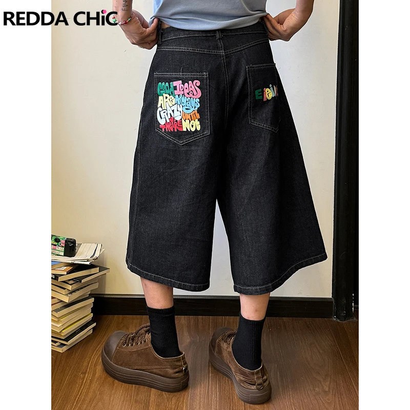 

ReddaChic Colorful Print Black Jeans Jorts Women Men Casual Straight Low Waist Oversize Boyfriend Baggy Jorts Summer Streetwear