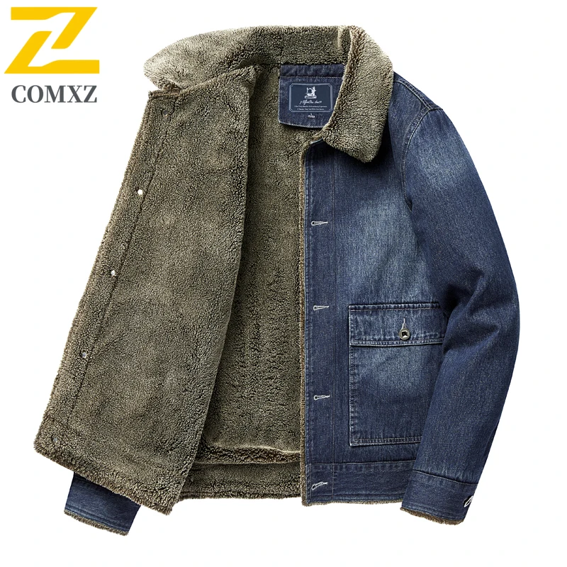 Padded Denim Jacket Mens 2025 Winter New lambswool Thickened Casual Loose Retro Outdoor Travel Lapel Tops Male Fleece Warm Coat