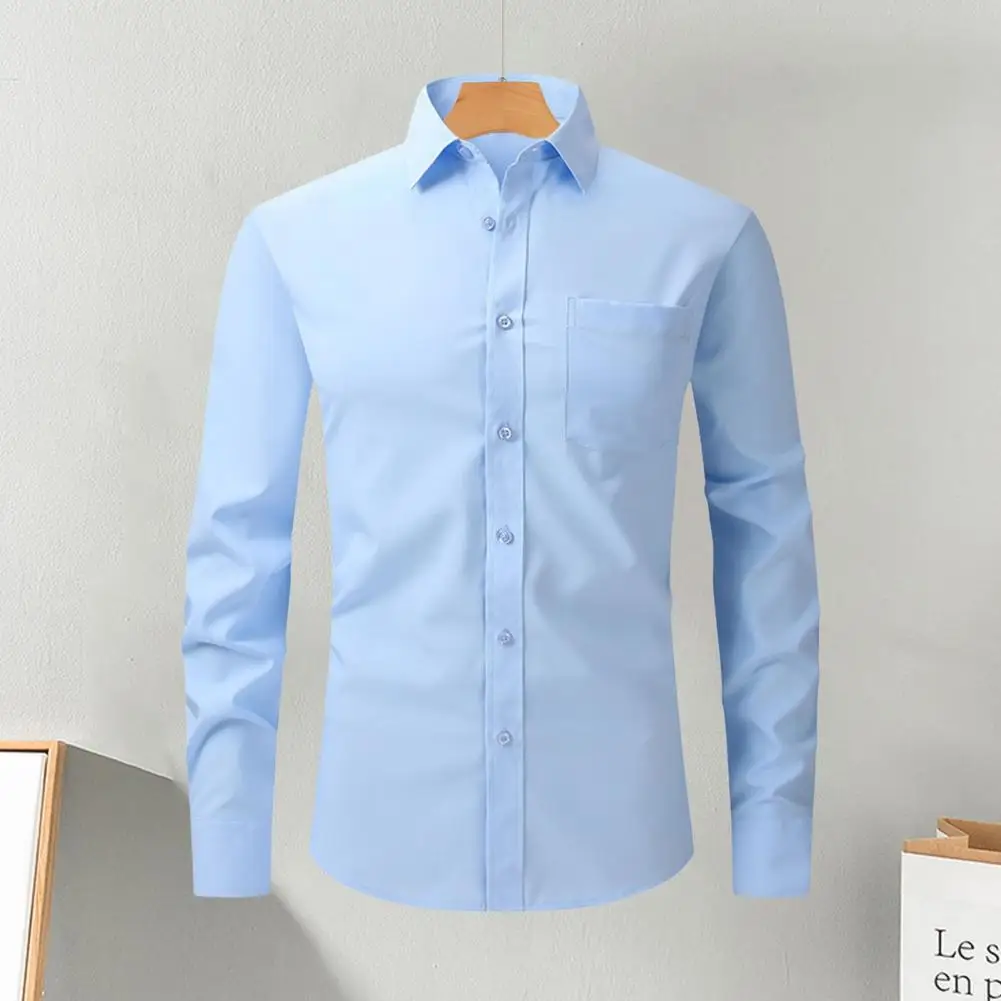 Camisa de vestir de primavera y otoño para hombre, camisa de negocios Formal de longitud media con solapa, ajustada, elástica, de un solo pecho, de manga larga, Color sólido