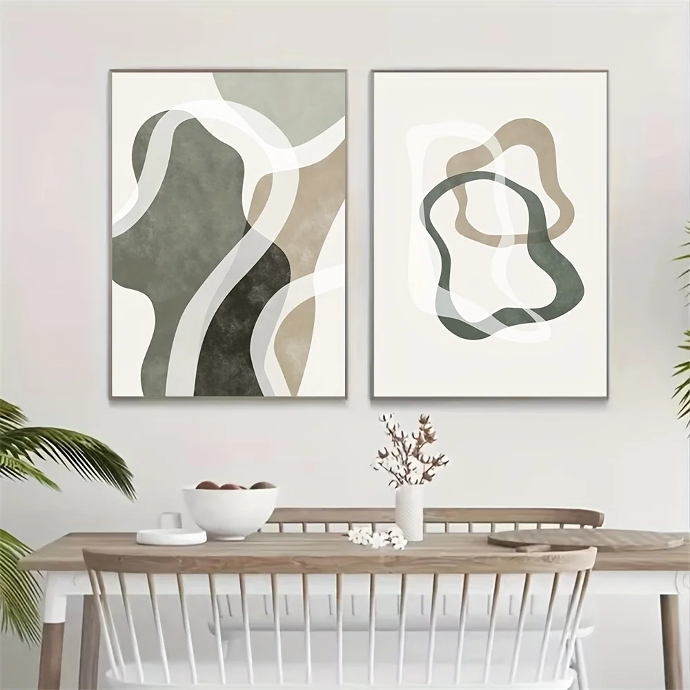 Set of 3 unframed abstract ginkgo leaves canvas paintings - bohemian beige and green line art, modern minimalist wall decor.