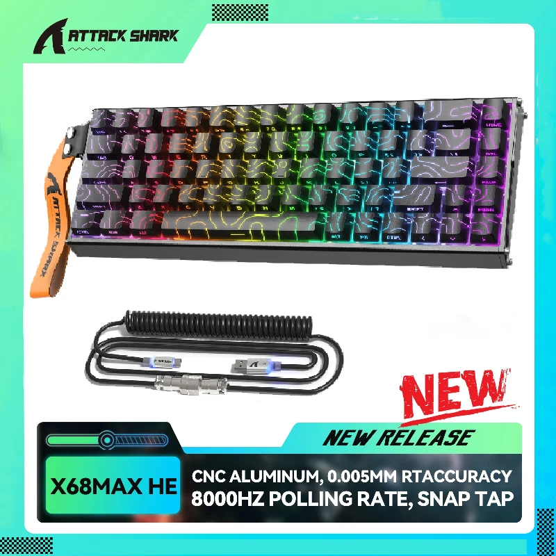 ATTACK SHARK X68MAX HE Rapid Trigger CNC Aluminum Keyboard Magnetic Switch with C01Ultra RGB Coiled Cable,0.005MM RT Accuracy