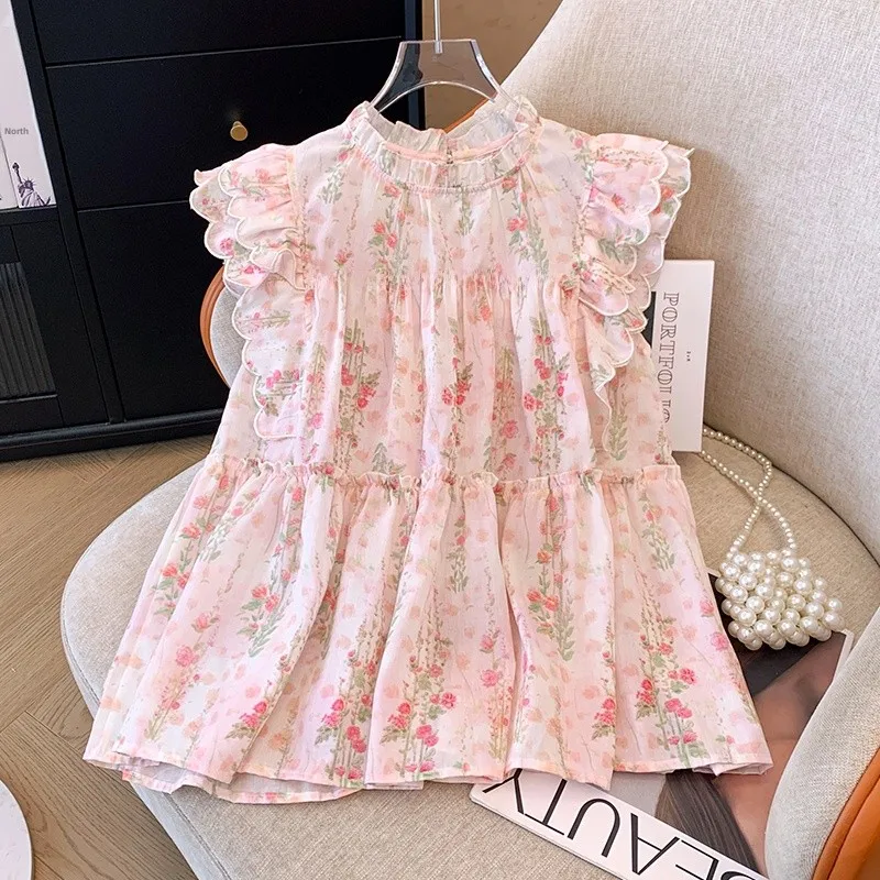 

Sweet Pink Floral Loose Doll Shirt Women's Fashion Summer New Style Fly Sleeve Elegant Beautiful Top Korean Style round Neck