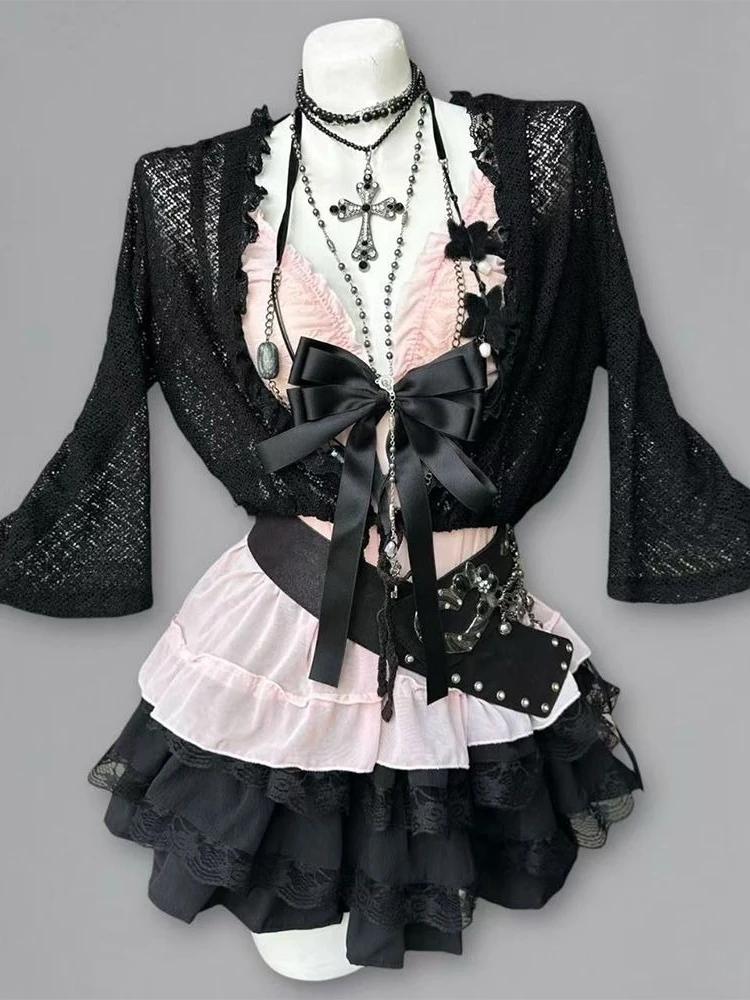 Summer Vintage Subculture Design Spicy Girls Suit Sweet Dark Hepburn Bow Pink Sling + Black Cardigan Short Skirt 3-piece Set view 3