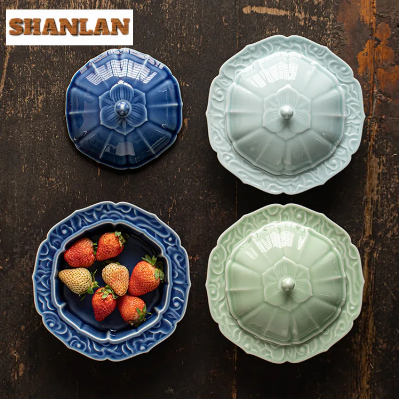 

Auspicious Clouds Flower With Lid Fruit Dishes Luxury Pastry Plate Fruit Dishes Candy Bar Household Sharing Plate Supplies Gift