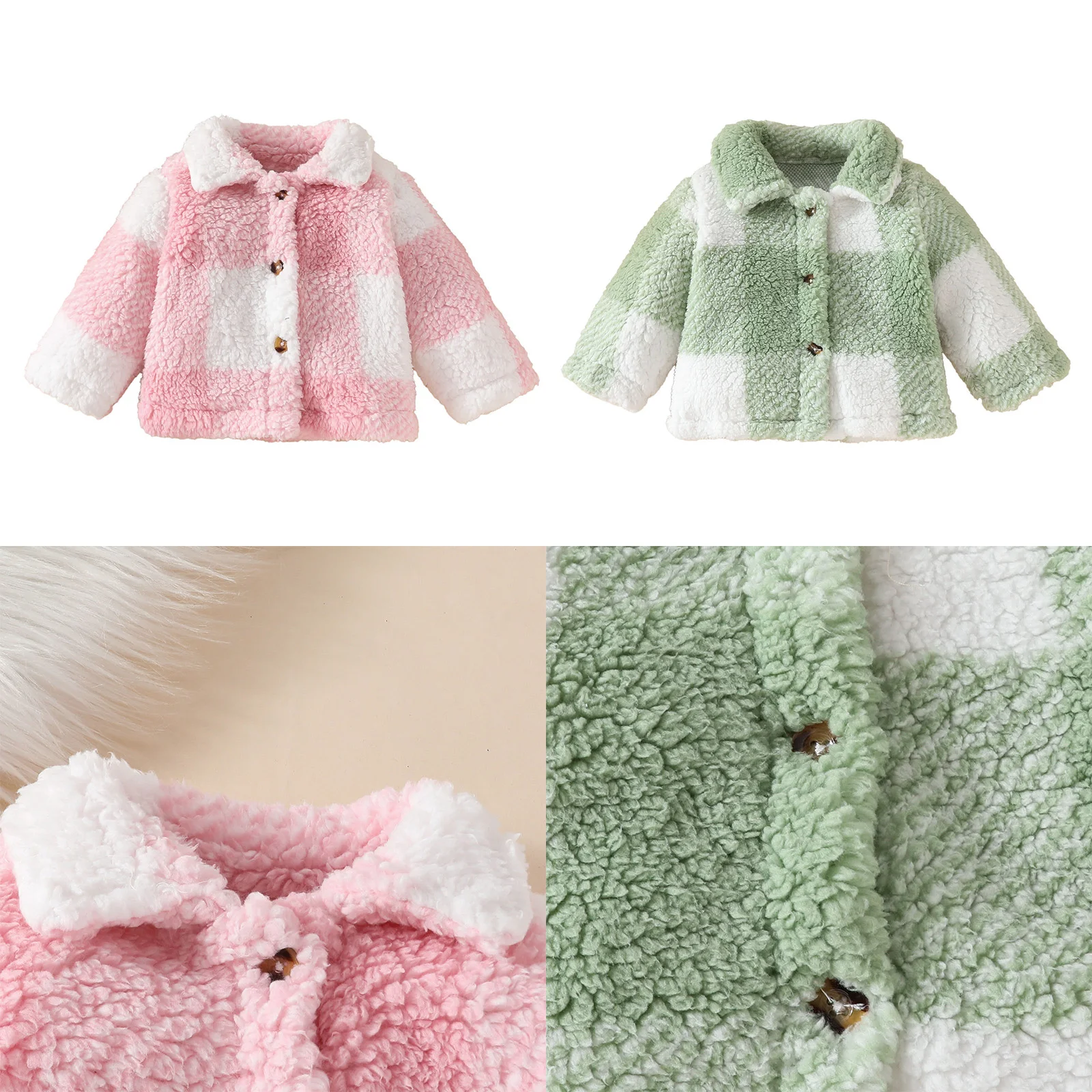 Toddler Infant Baby Fleece Jacket Newborn Girl Long Sleeve Lapel Plaid Color Block Single-breasted Fuzzy Thicken Coat Outerwear