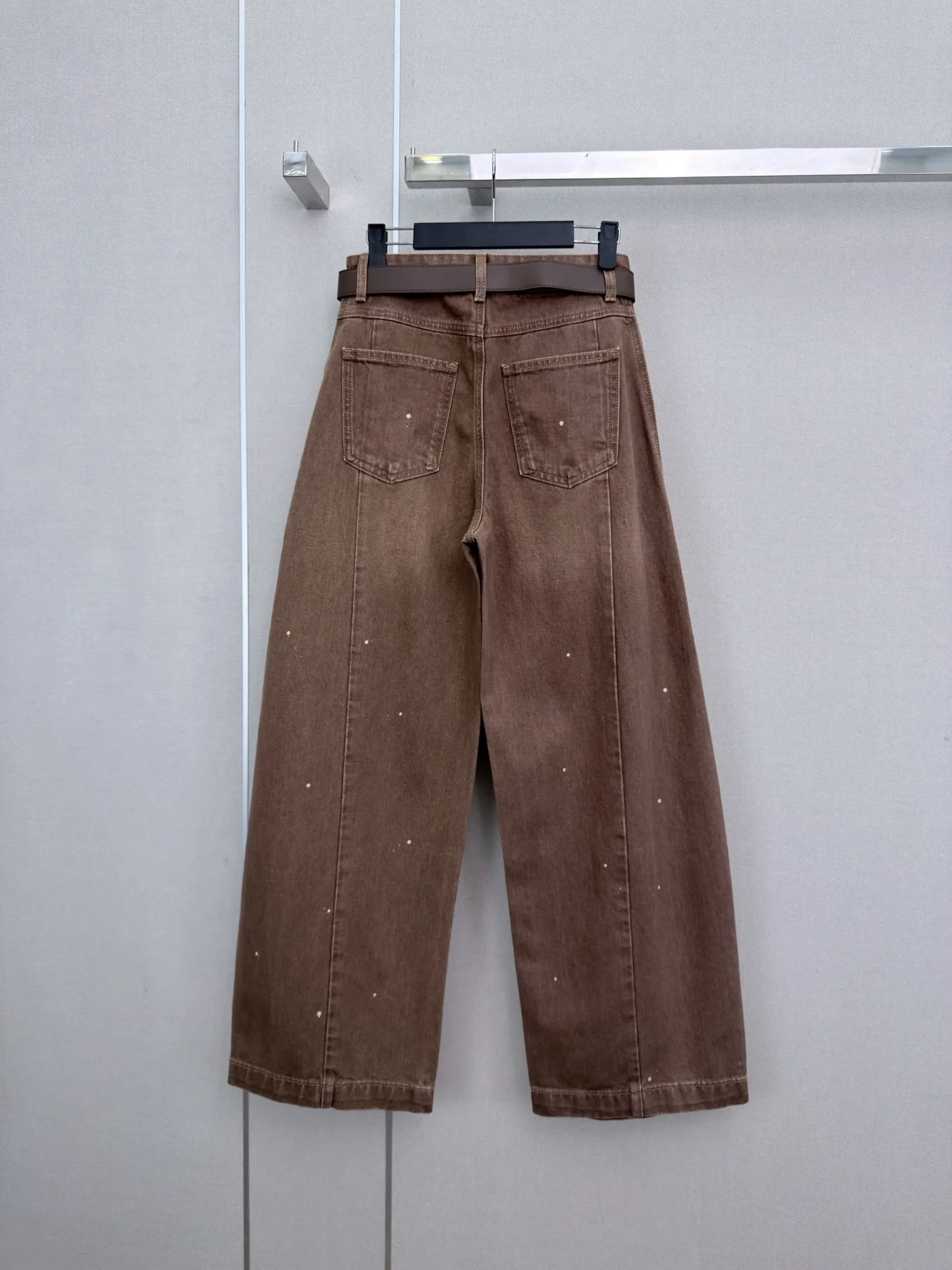 Women Vintage Brown Splash Paint Wide Leg Denim Jeans High Waist Loose Fit Casual Trousers With Free Belt, Retro Washed Jeans