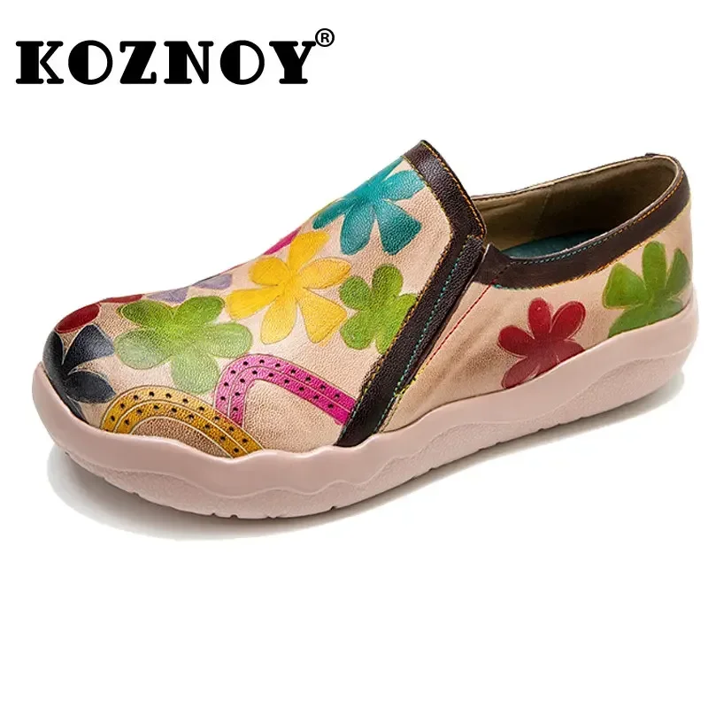 

Koznoy 2cm Sheepskin Leather Autumn Spring Woman Slip on Flats Walking Loafer Ladies Print Plus Size Fashion Ethnic Style Shoes