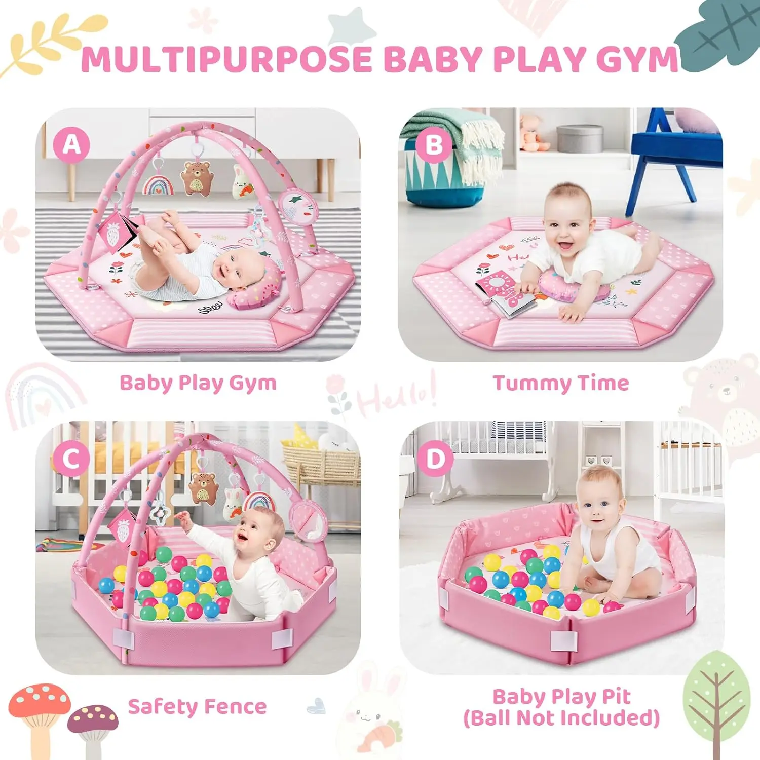 Baby Gym Play Mat, 8-in-1 Tummy Time Mat & Ball Pit with 6 Toys, Washable Baby Activity Mat for Newborn Infant 0-3-6-9-12 Months