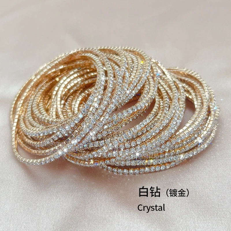1Pcs Gold Color 2mm Single Row Cubic Zirconia Tennis Bracelet Elastic Bangle for Women Multi Layered Streetwear Jewelry