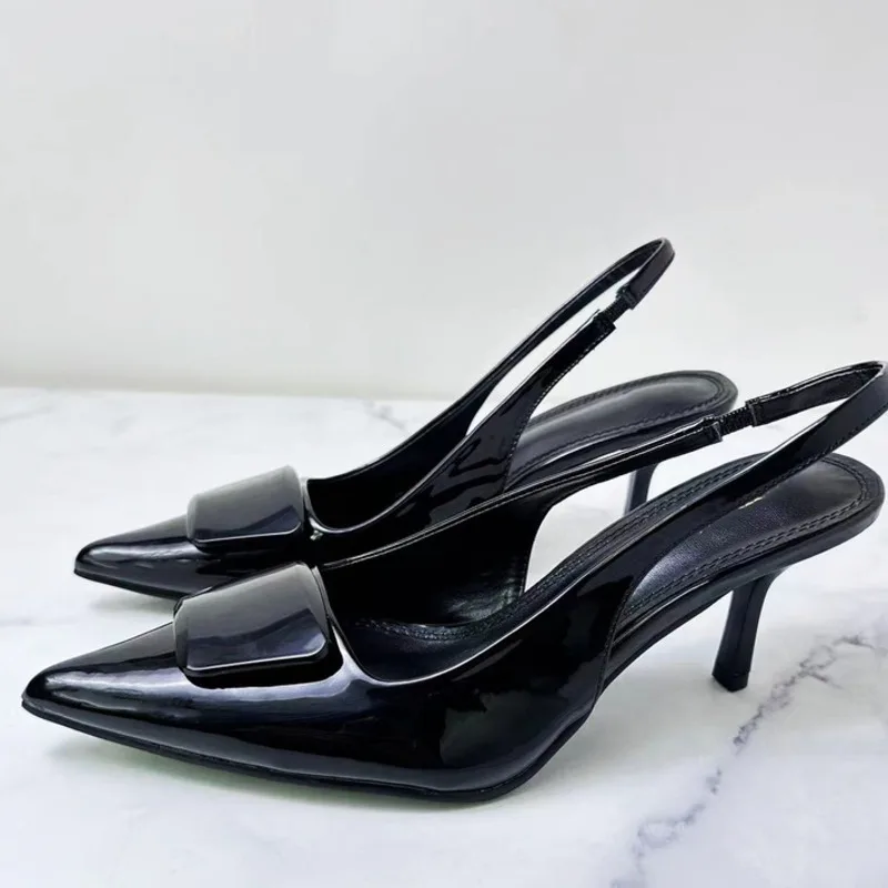 Exquisite Spring/summer New's Shoes Black Off White Lacquer Leather Pointed Thin Square Buckle Decoration High Heel Sandals for