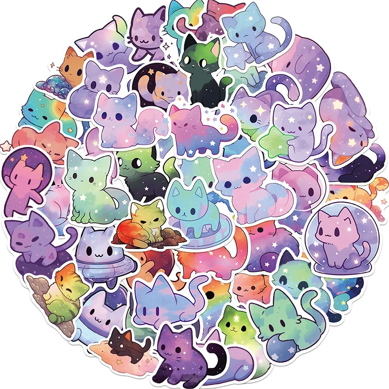 50PCS Cartoon Rainbow Starry Sky Cat Stickers Kawaii Space Cat Stickers,Galaxy Cate Stickers Aesthetic Cat Waterproof Stickers