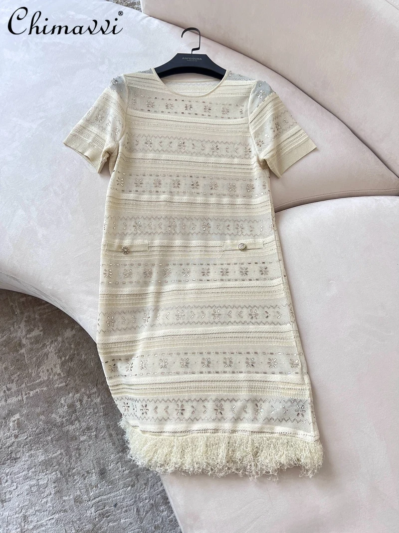 

French Luxury Heavy Rhinestone Hollow Out Fringed Knitted Dress Summer New Fashion Short Sleeve Elegant Short Party Dress Women