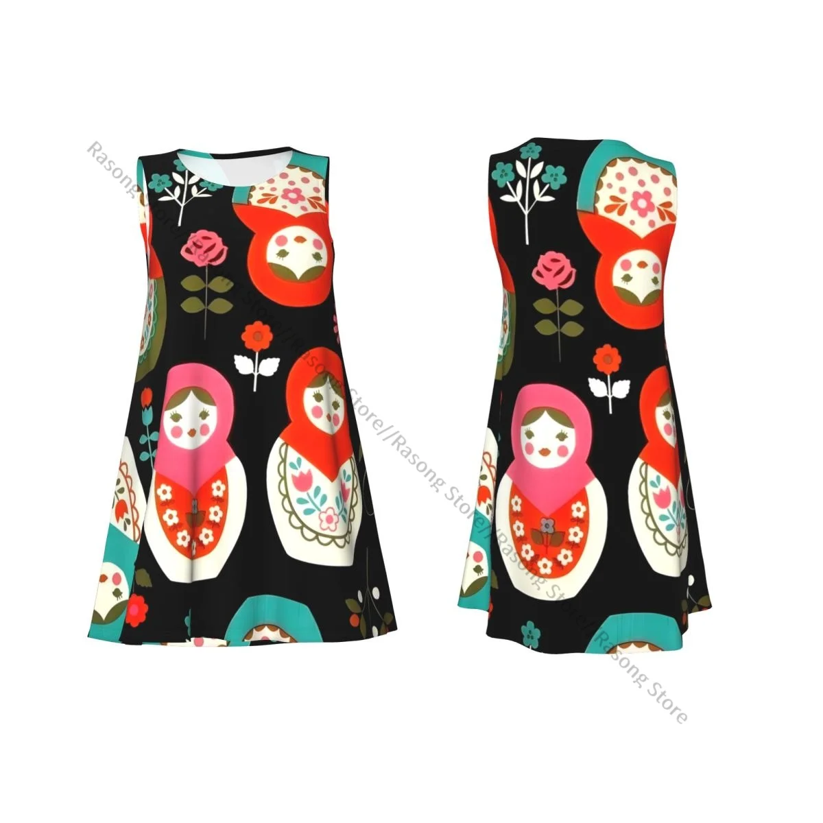 Women's Dress Summer Casual T Shirt Dresses Beach Cover up Matryoshka Pattern Tank Dress