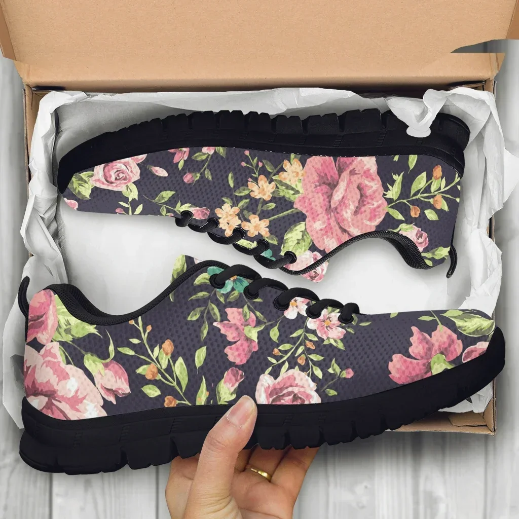 Fashion Hibiscus Design Black Platform Shoes Light Lace Up Summer Breathable Shoes Comfortable Sneakers Casaul Shoes