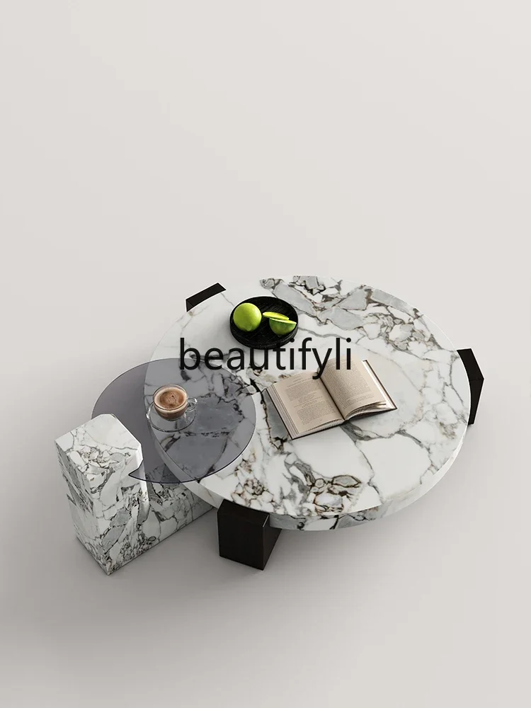 Italian minimalist natural marble coffee table combination living room round modern household small apartment