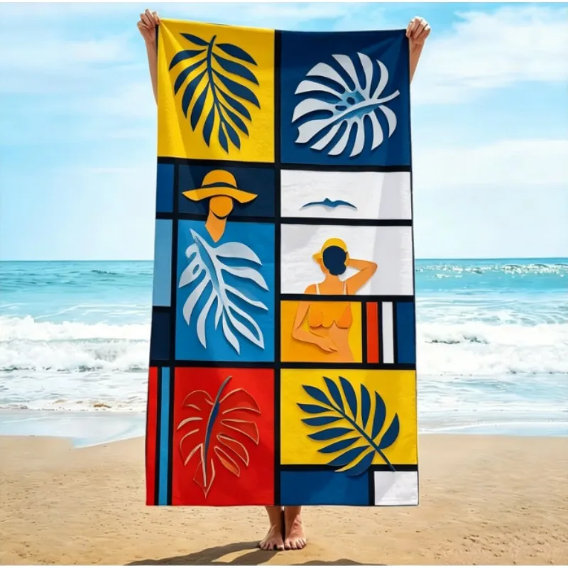 Oversized Microfiber Beach Towel, Mondrian Style Geometric Abstract Print, Quick Dry Sand Resistant