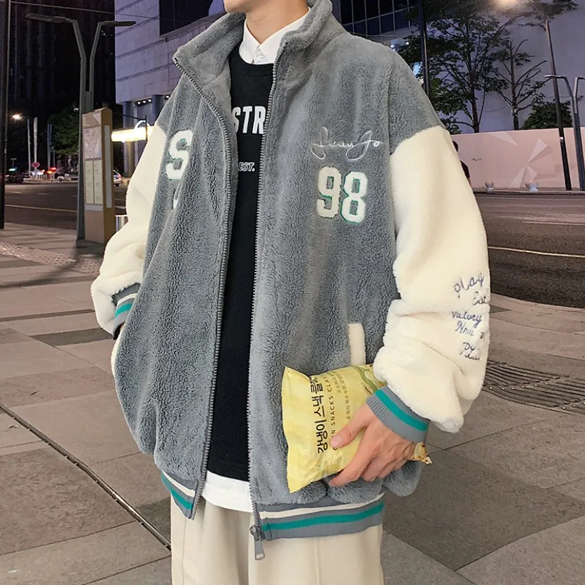 

Lamb Velvet Jaet Men's Embroidered Fce Lined Thiened Winter Cotton Coat Casual Youth Faion Cleanfit Sle Zipper Clo...