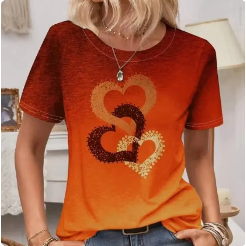 T-shirt da donna a maniche corte con scollo tondo e top con motivo a cuore T-shirt casual da donna Y2K camicia a maniche corte da pendolarismo alla moda