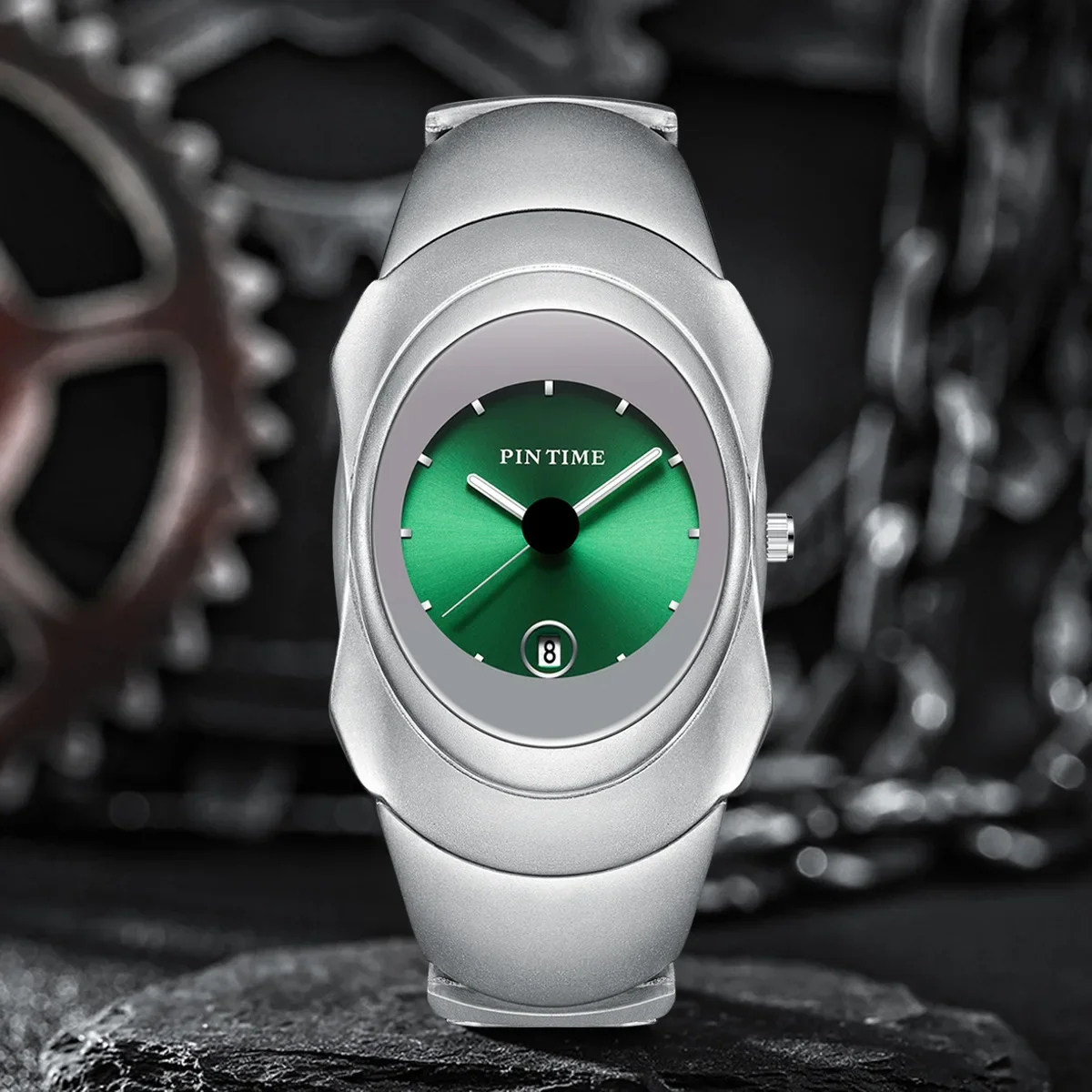 Unusual Watch for Men Luxury Reloj Green Sliver Black Stainless Steel Band Quartz Wristwatch Male Conceptual Orologio Man Clock