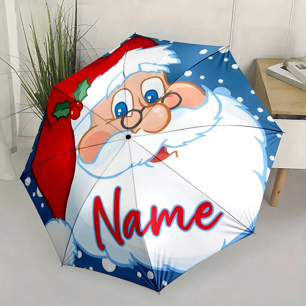 Custom Name Santa Claus Design Umbrella for Festive Season 8 Iron Ribs Folding Umbrella Auto-Open Fashionable Sunshade for Gift