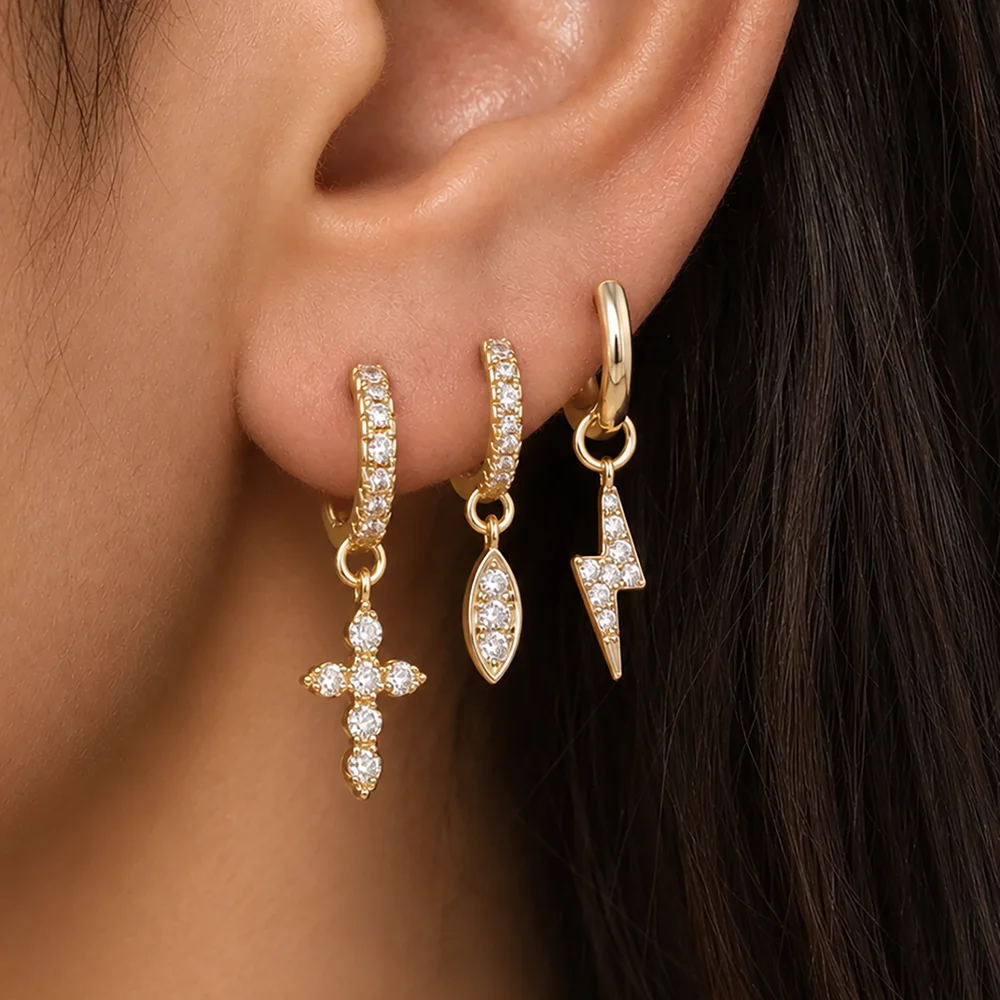 3 Pieces Zircon Lightning Water Drop Cross Dangle Earrings Set for Women and Girls Fashion Couple Wedding Aesthetic Earring Gift