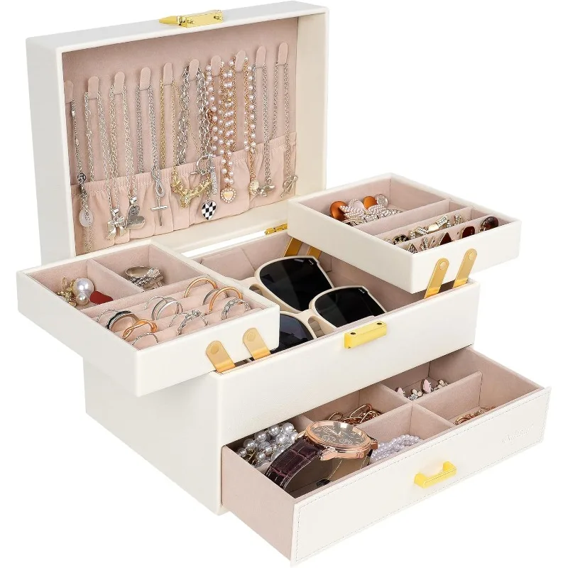

Jewelry Box for Women, 3 Layers Large Jewelry Organizer Box, Jewelry Storage Case for Earring, Ring, Necklace, Bracelets
