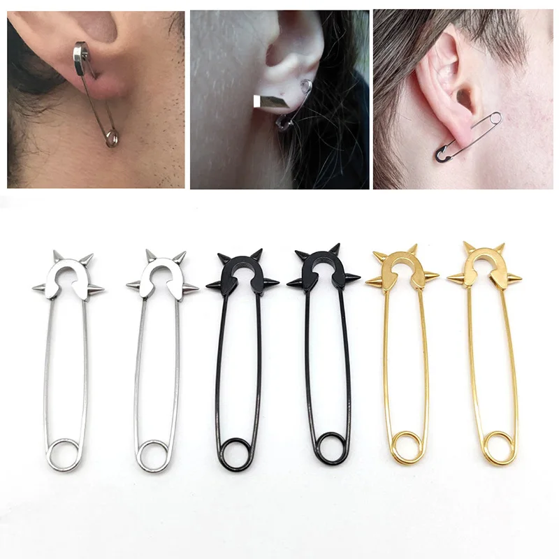 2Pcs Stainless steel Safety Pin Spikes Long Stud Earrings for Men/Women Creative Street Pop Gothic Punk Jewelry