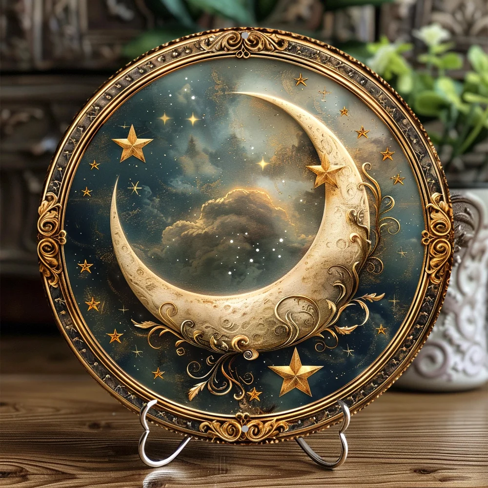 

Americana-Style Metal Wall Art - Stars and Moon Themed Wreath Sign for Home, Cafe, Living Room Decoration - Durable Material