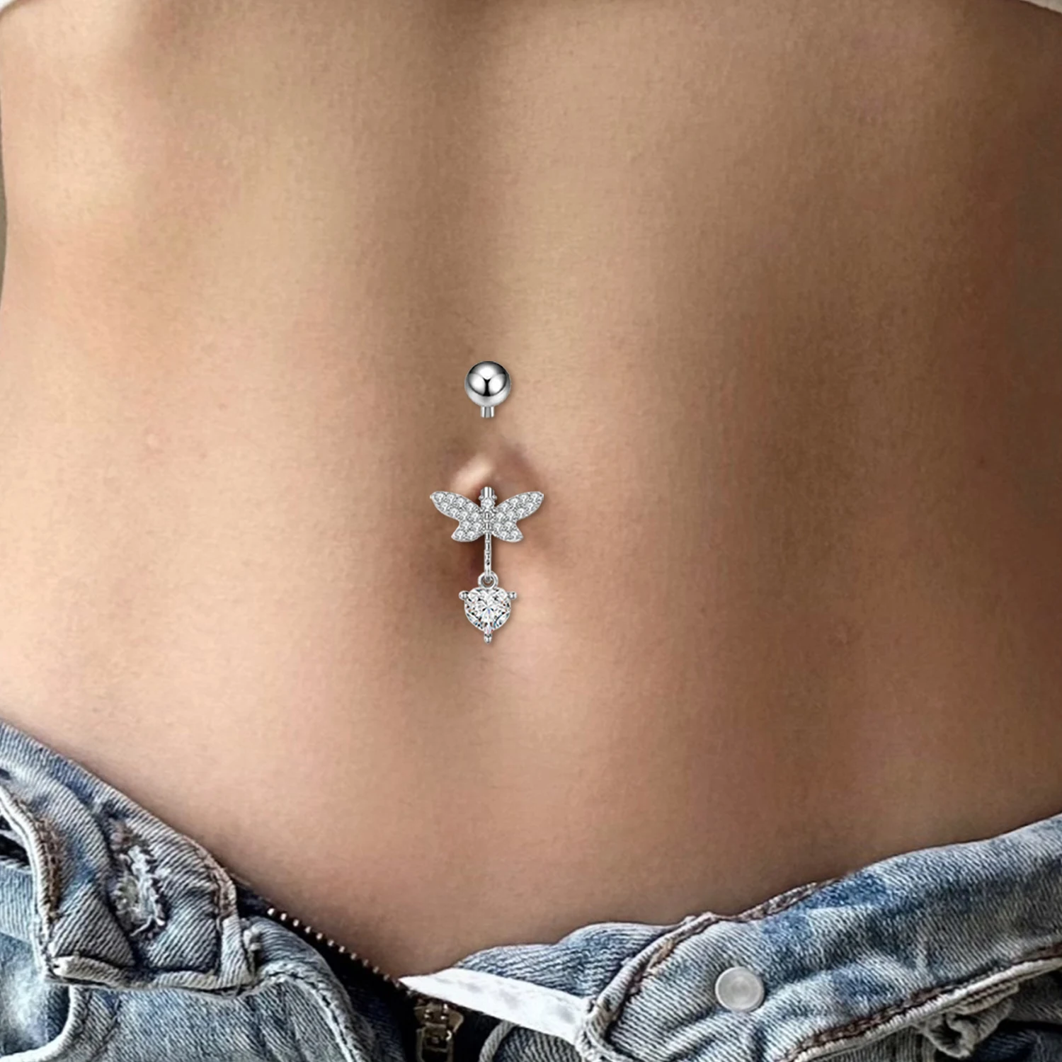 Anéis De Umbigo De Aço Inoxidável Para As Mulheres, Piercing No Umbigo Jóias, Borboleta, Asa, Flor, Zircão, Dangle