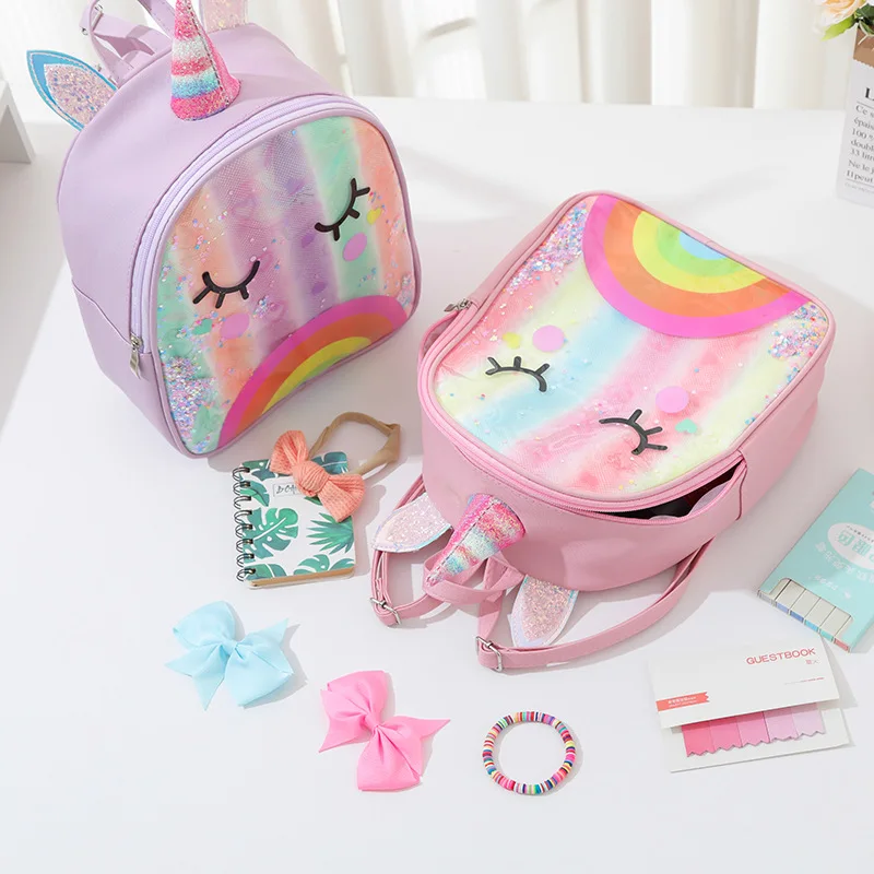 Princess Girls Rainbow Unicorn Backpack Children Sequins Cartoon Pink Shoulders Bag Baby Kids Kindergarten Schoolbag Pony Bag