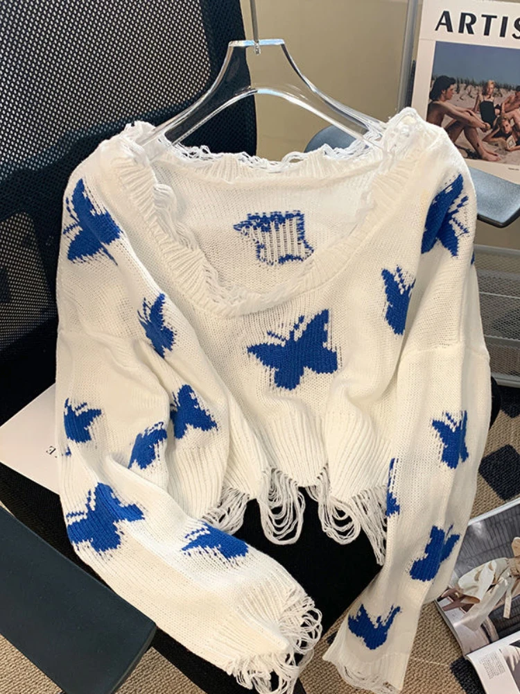 New Korean Fashion Graphic Butterfly Knitted Sweater Woman Sweet sized Cropped Tops Off Shoulder Y2K Casual Sweater