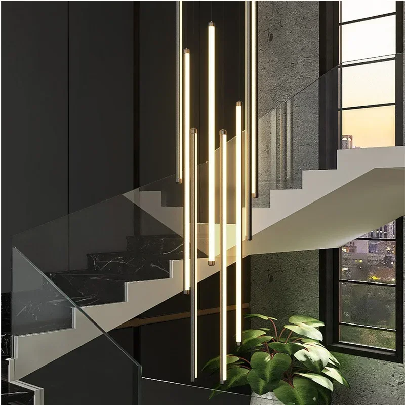 

New Black Stair Chandelier Modern design duplex building high-rise empty living room hall personality Long Hanging Light