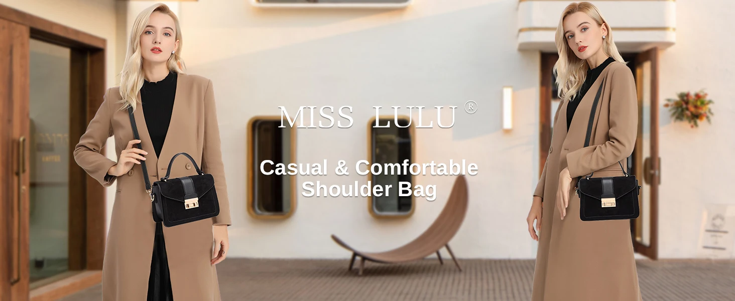 Small black structured shoulder bag displayed in professional product photography, labeled as casual and comfortable.