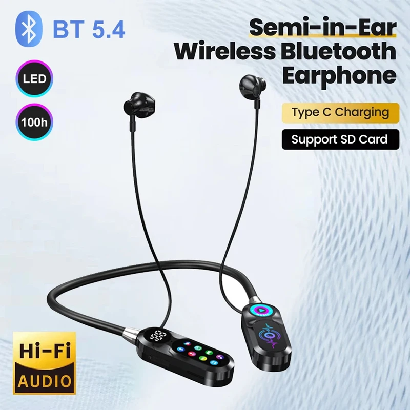 

Wireless Color Screen Neckband Earphones 100 hour playback time TF Card Slot & BT5.4 Long Battery Life Wireless Sports Earphone