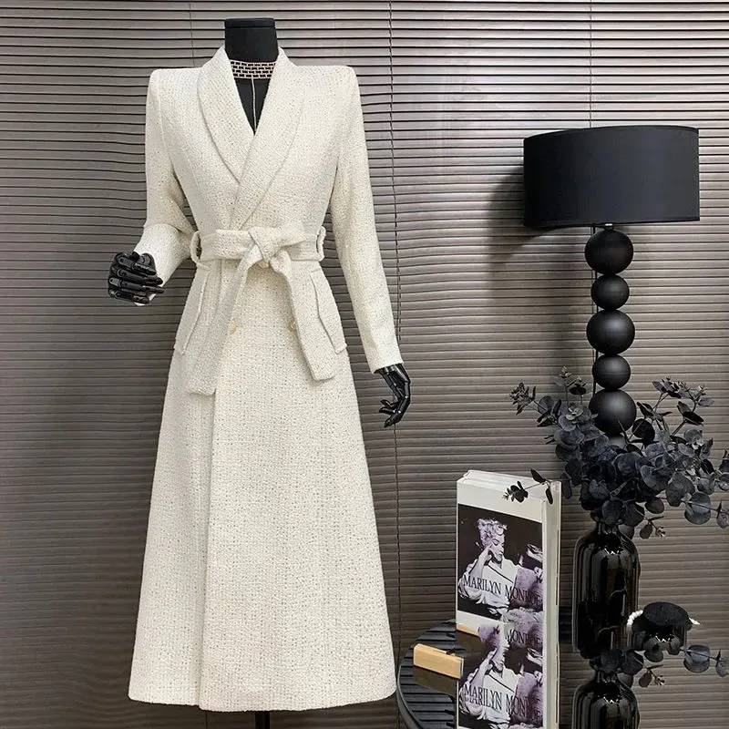 

2025 New Fashion Temperament Women's Trench Coat Autumn Winter Heavy Industry Sequined High Quality Slim White Trench Coat H472