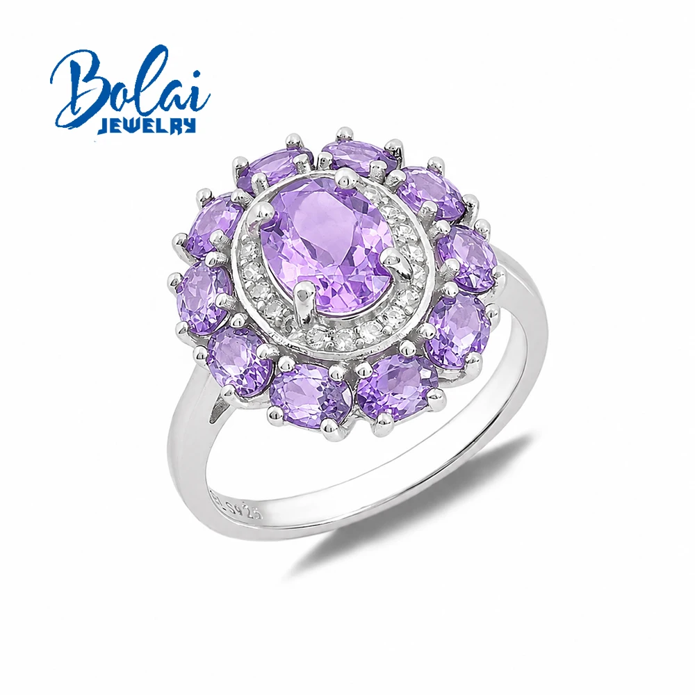 Luxry Big Silver Flower Ring With Natural Brazil Amethyst February Birthstone Gemstones Fine Jewelry For Women Special Occasion