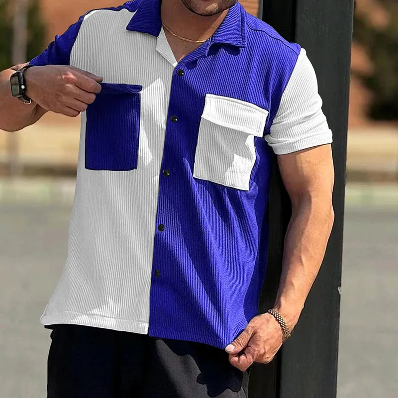 GZMS-2024Summer New Men's Color Matching Short Sleeve Breathable Casual Beach Shirt Short Button Cardigan