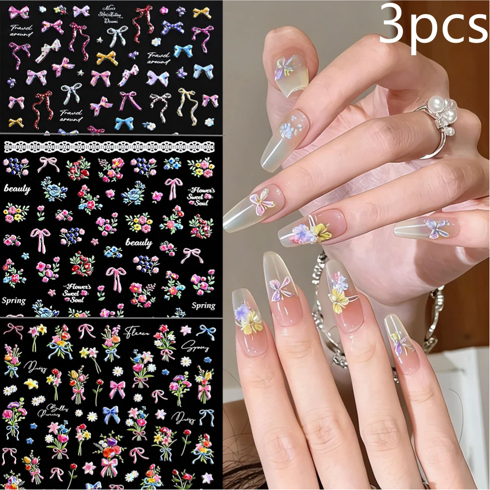 1/3pcs 5D Colorful Ribbon Bow Flower Nail Art Stickers Blosoom Floral Bow Lace Nail Decals Spring Summer DIY Manicure Decoration