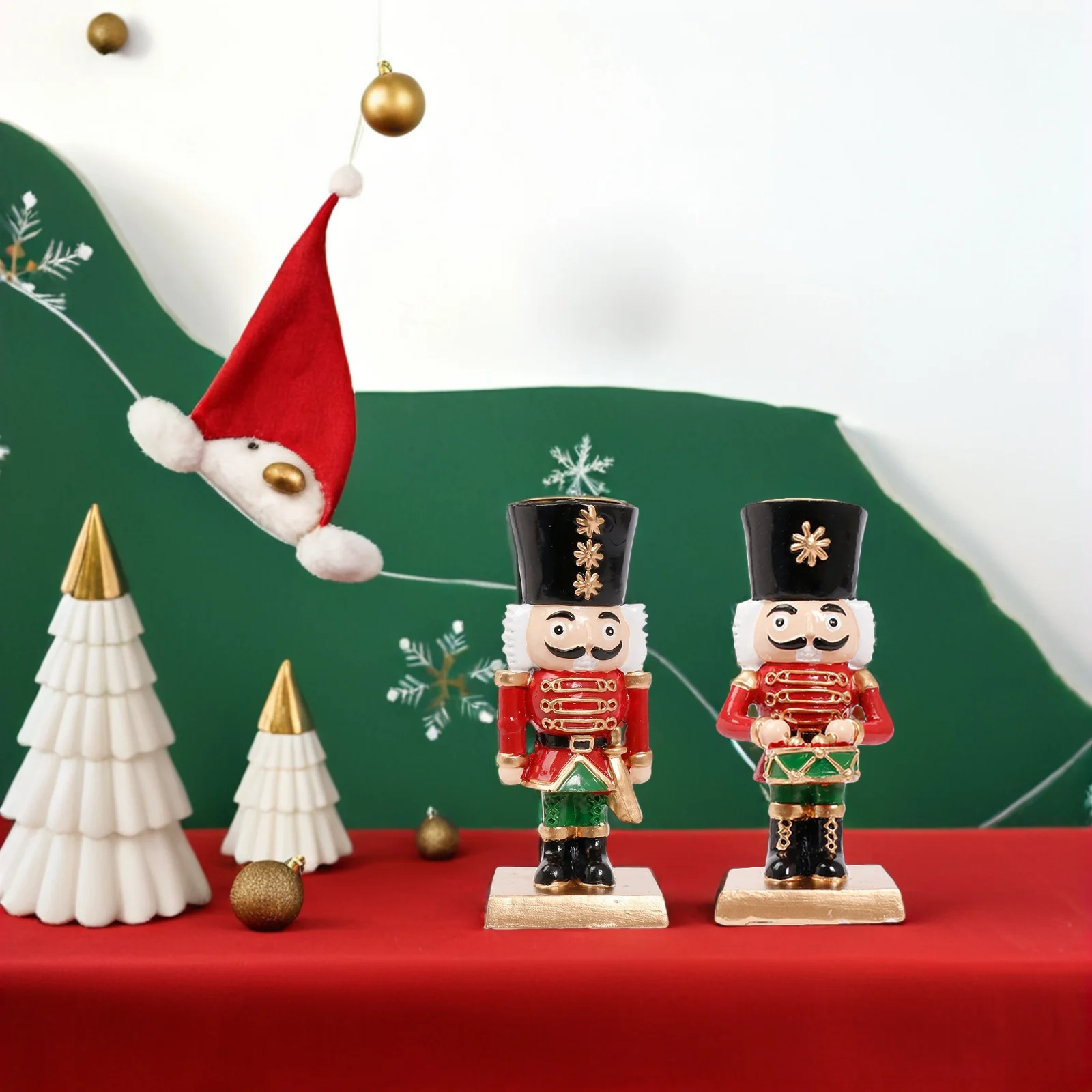 

2Pcs Christmas Holder Nutcracker Themed Resin Taper Candlestick Rustic Xmas Centerpiece for Dining Table Fireplace Decor