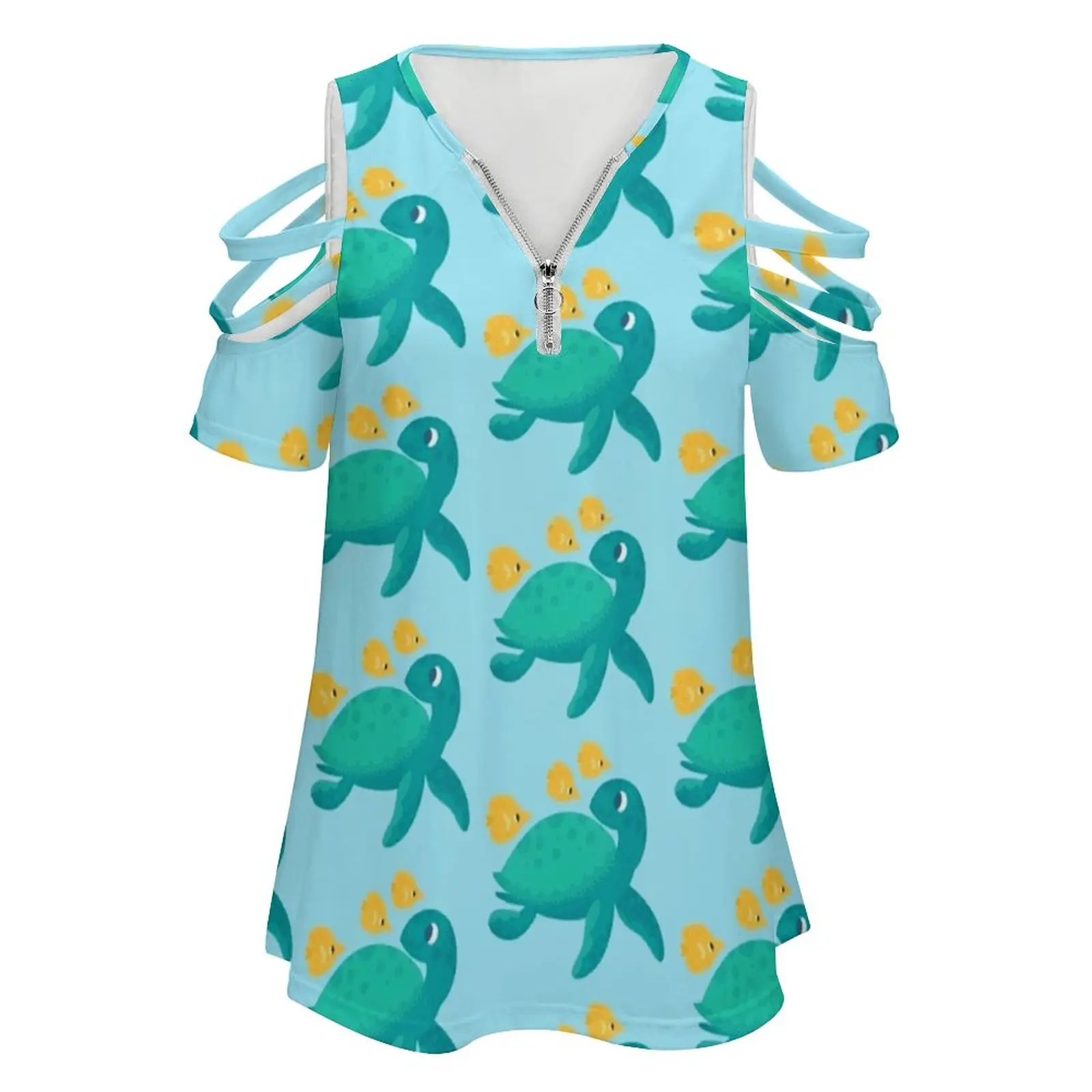 Turtley Awesome Women's T-Shirt Summer Fashion Print Floral V-Neck Zipper Tshirt Hollow Pullover Ladies Top Turtle Tortoise