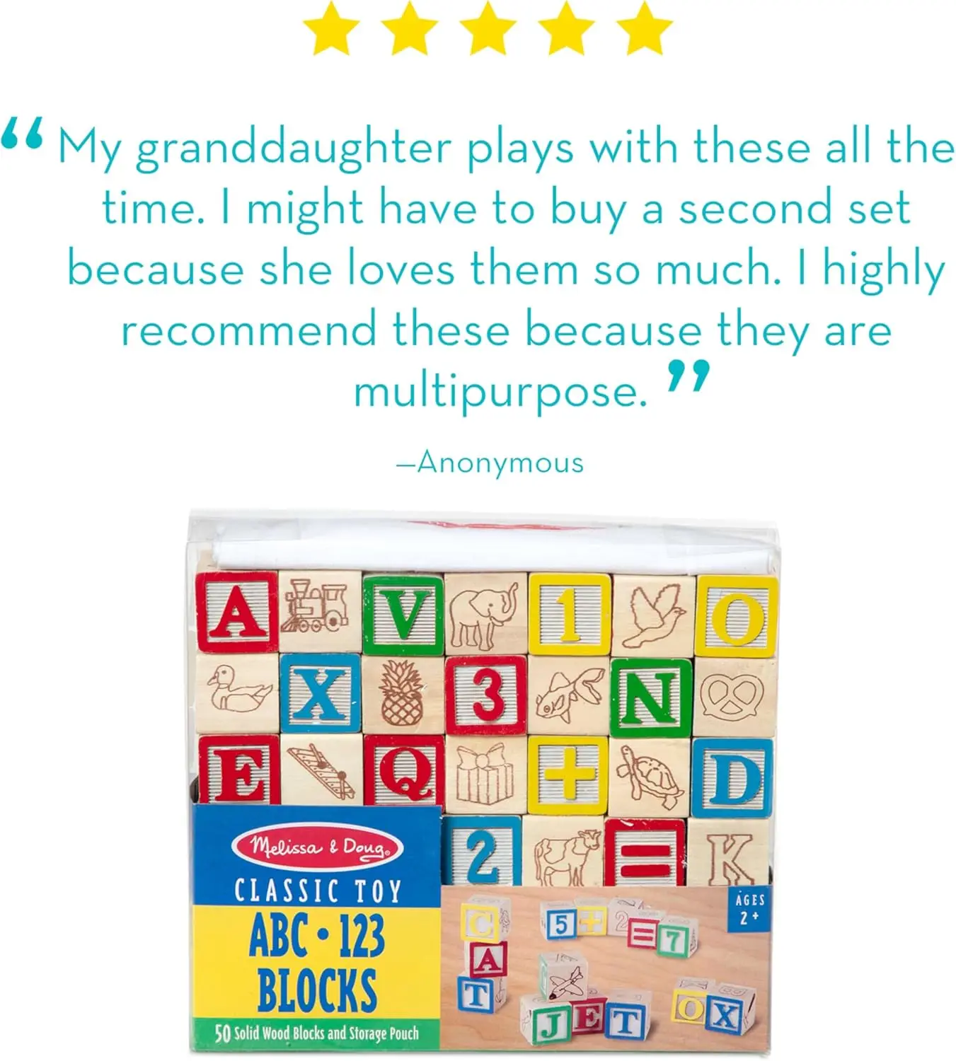 Ensemble de blocs de luxe en bois ABC/123 de 1 pouce avec pochette de rangement (50 pièces)