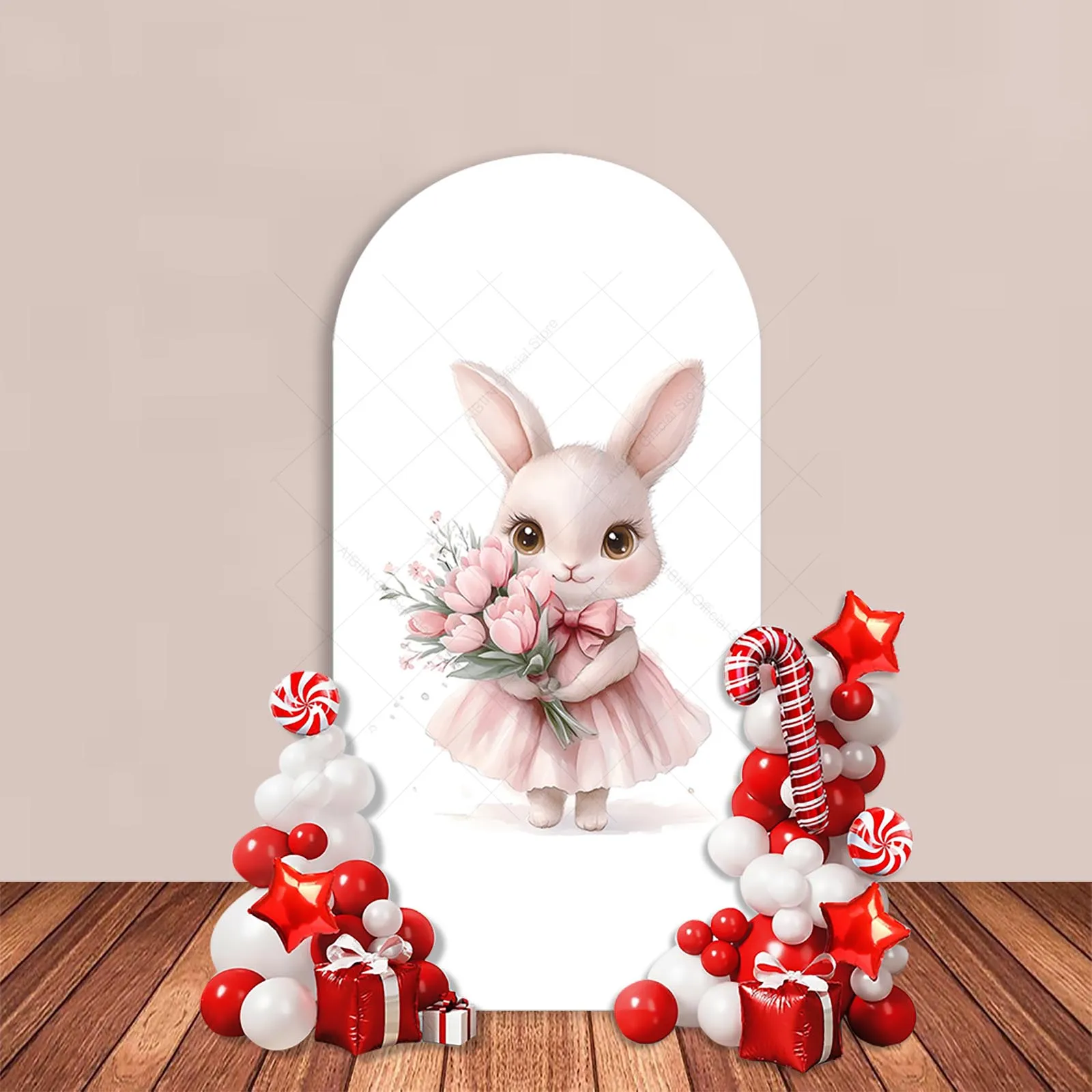 Bunny One Birthday Arch Backdrop Cover Pink Cute Rabbit Flower Bow Happy Birthday Baby Girl Party Decor Portrait Background