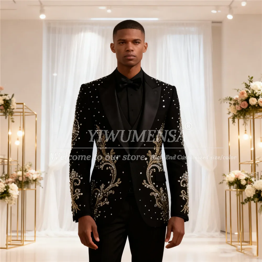 

Мужские костюмы с блестящими кристаллами и бисером на свадьбу, однобортный пиджак из трех предметов для выпускного вечера, индивидуальный мужской банкетный наряд, смокинги для жениха