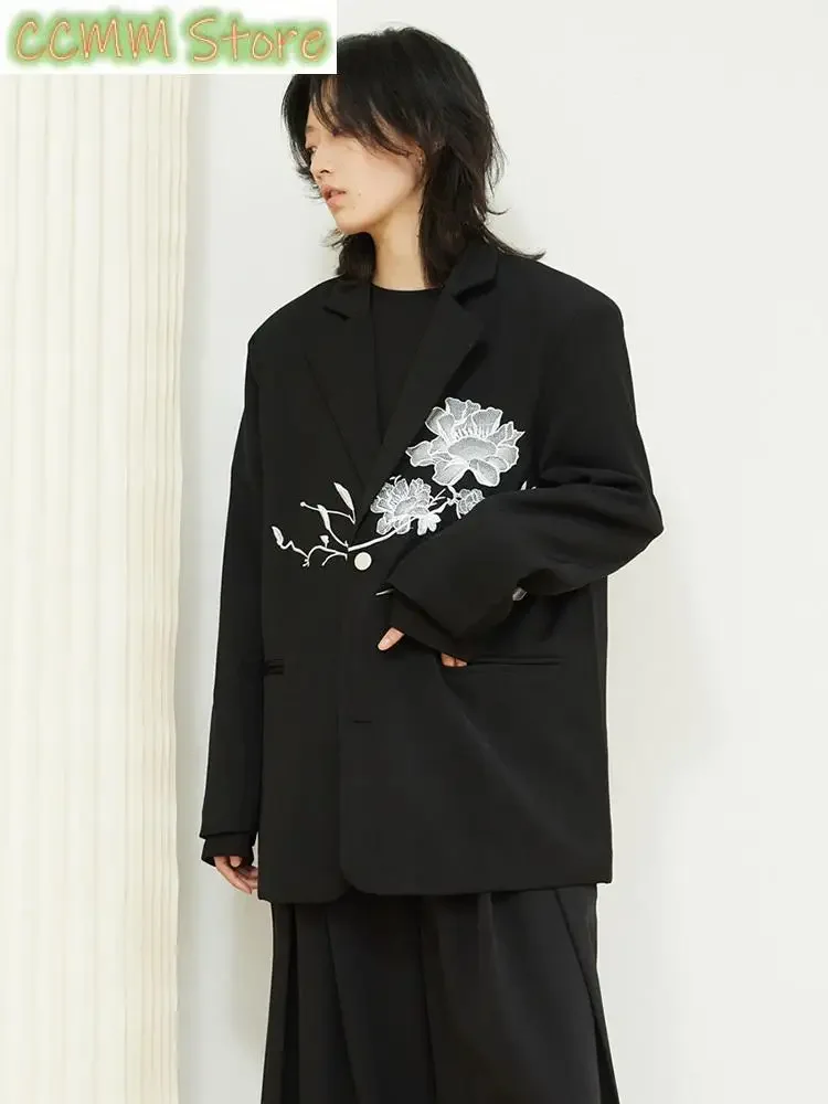 

New Women Black Embroidery Flower Big Size Blazer New Lapel Long Sleeve Loose Fit Jacket Fashion Spring Autumn