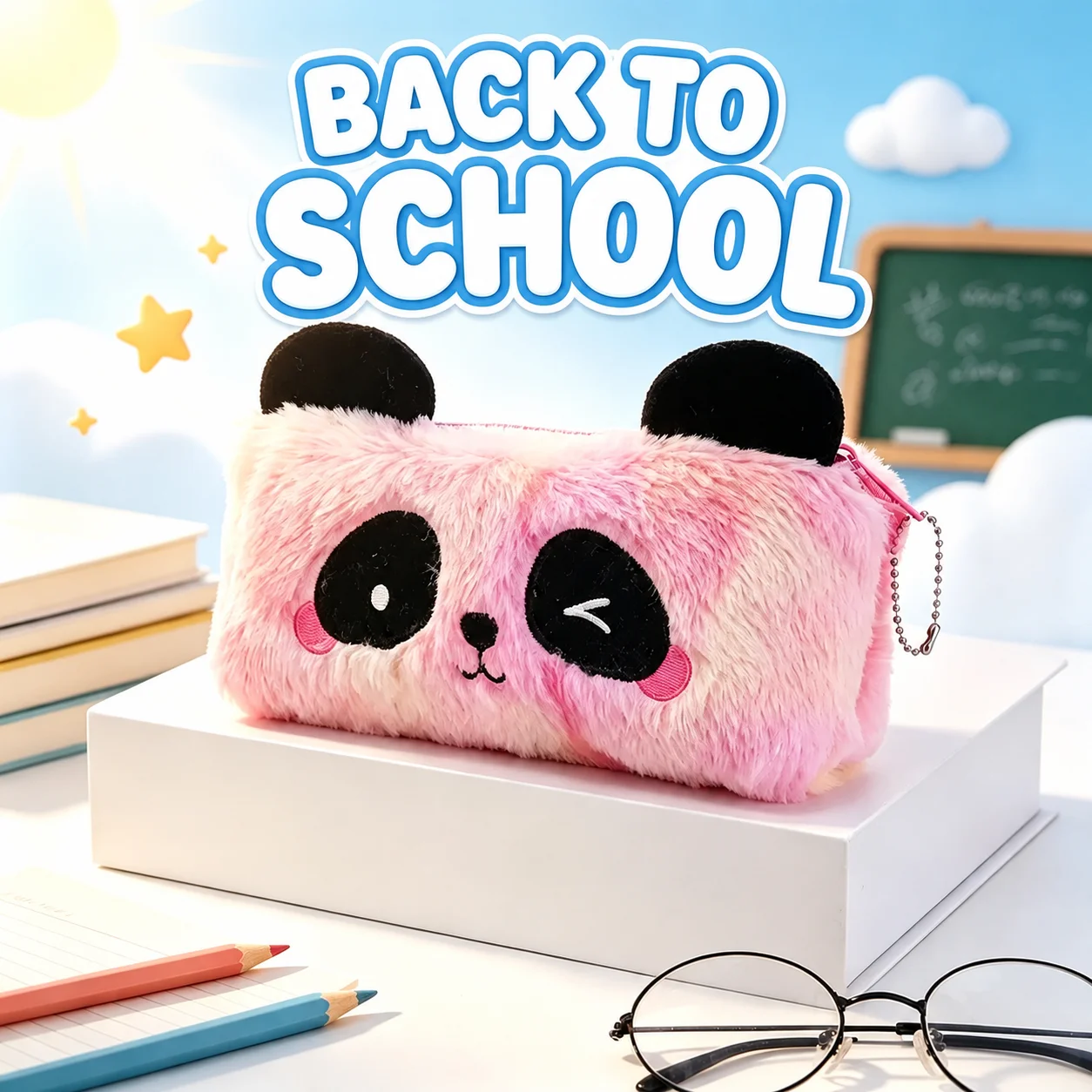 Cute Gradient Embroidered Panda Plush Pencil Bag Kawaii Pencil Case Dual Purpose Coin Purse For Kids Back To School Stationery