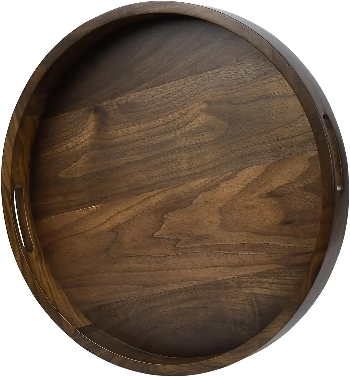 18 x 18 inches Large Round Ottoman Table Tray, Wooden Solid Black Walnut Circle Platter Decorative Serving Tray with Handle