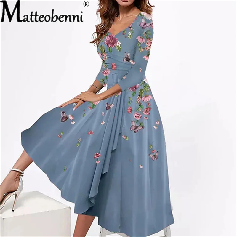 Loose Casual Half Sleeve Dress Elegant Sexy Women's Vintage Floral Print Vestidos Summer Female V-Neck Boho Beach Midi Sundress