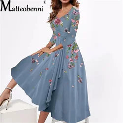 Abito a mezza manica Casual allentato elegante Sexy donna Vintage stampa floreale abiti estate femminile scollo a v Boho Beach Midi prendisole