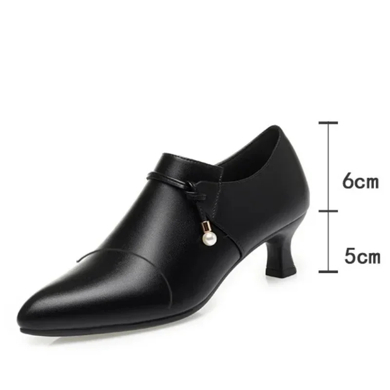 5cm 6.5cm Comfortable Deep Mouth Soft Leather Shoes Women Spring 2024 Block Med Heels Shoes Black for Office Dance Mom Daily