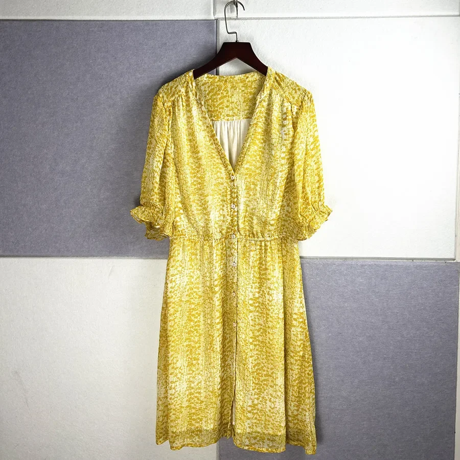 Frauen Gelb Elegantes Minikleid Kurzarm V-ausschnitt Einreiher Büro Damen Elegantes Kleid